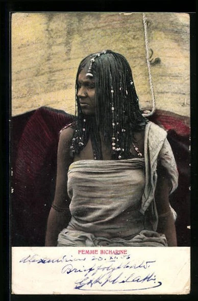 CPA Femme Bicharine, afrikanische Volkstypen avec toller Frisur