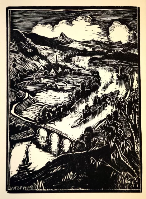 Walter Klemm, "Flusslandschaft", original Holzschnitt von 1930 mit Passepartout 2