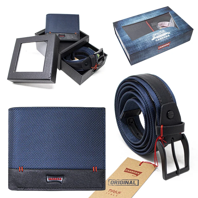 Cintura e Portafoglio da Uomo in Vera Pelle Set Scatola CARRERA Marrone Nero Blu