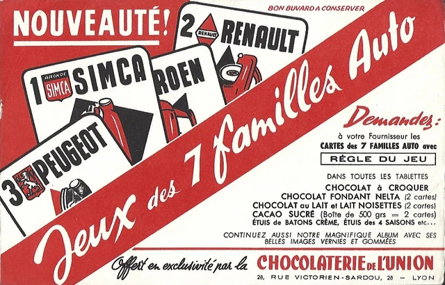 Buvard Chocolat de L' Union Jeux des 7 Familles Auto