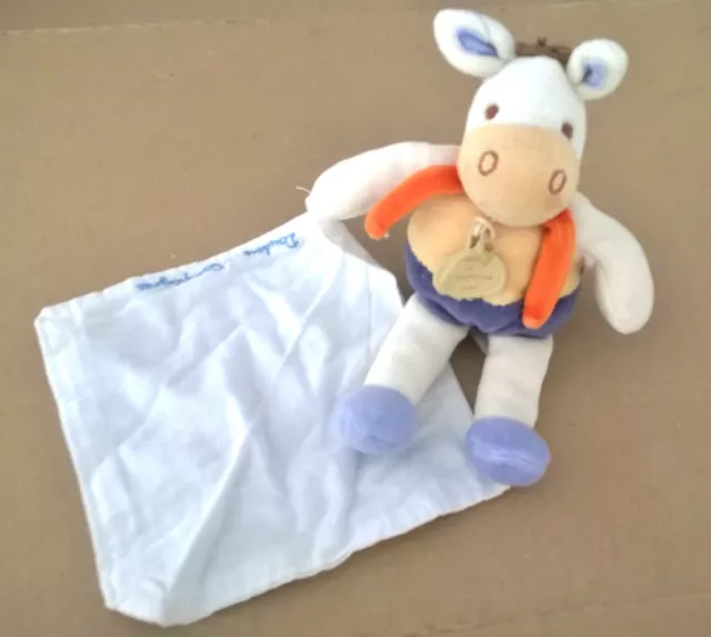peluche DOUDOU ET COMPAGNIE ANE CHEVAL JUSTIN BLEU ORANGE MOUCHOIR 18 CM
