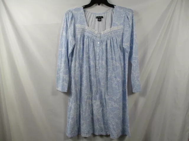 Earth Angels Womens Nightgown Medium Long Sleeve Button Blue Cotton Blend Short