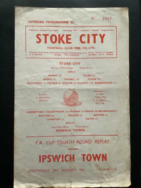 1964 STOKE CITY v IPSWICH TOWN programme - FA Cup 4th Round Replay