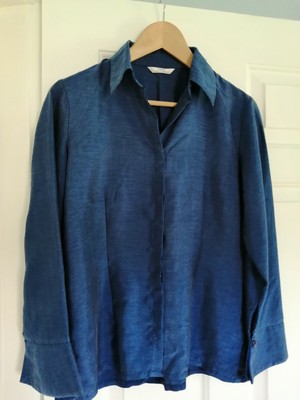 True Vintage St Michael 1980 S T 12 P bleu soyeux-Feel Chemisier Top rétro ajustée