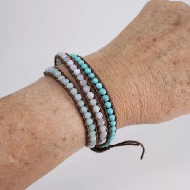 Chan Luu Bracelet Triple Wrap Turquoise Semi Precious Stones Beads Leather