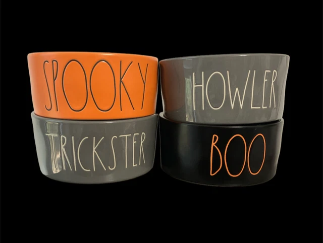 Lot of 4 NEW Rae Dunn Halloween Boo Spooky Dog Bowls Orange Black White Gray 6"