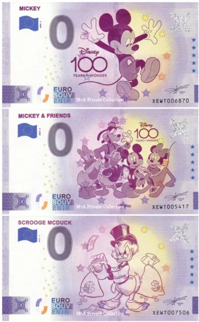 Set 3 x 0 Euro-Scheine DISNEY 100 Years Mickey Scrooge McDuck XEWT-2023-1/-2/-3