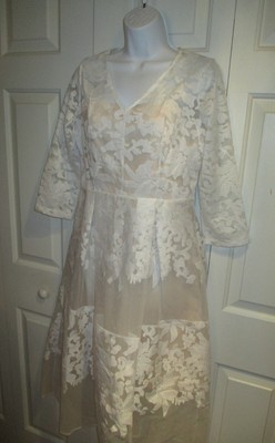 NWT VICKY And LUCAS White Embroidered Netted Overlay Tea Length Dress #VL5923 M