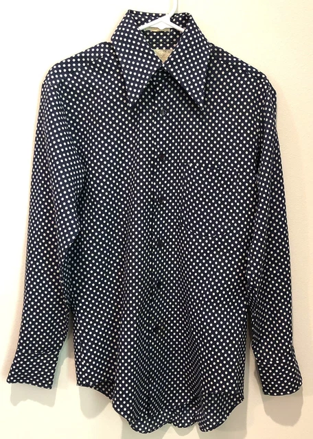 Kings Road Shop Sears Shirt Mens Medium  Vintage 70s Groovy Hip Navy Polka Dot