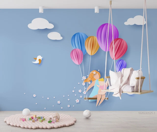 3D CARTOON HOT Air Balloon Swing Kids Wallpaper Wall Murals Removable ...