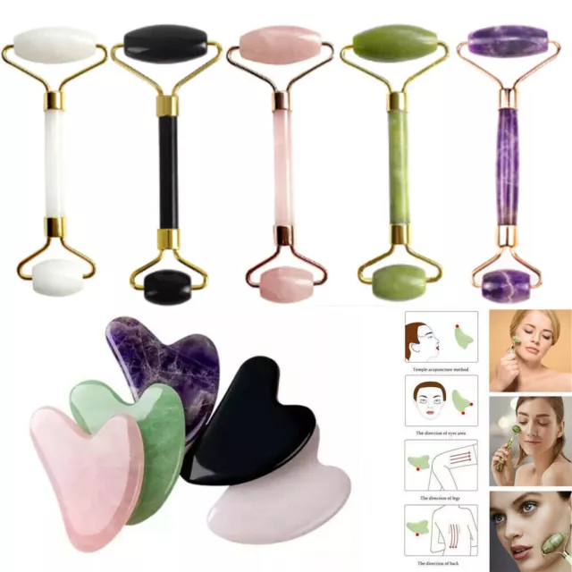 Natural Guasha Jade Roller Facial Jade Face Body Gua Sha Board Massager Tool Set