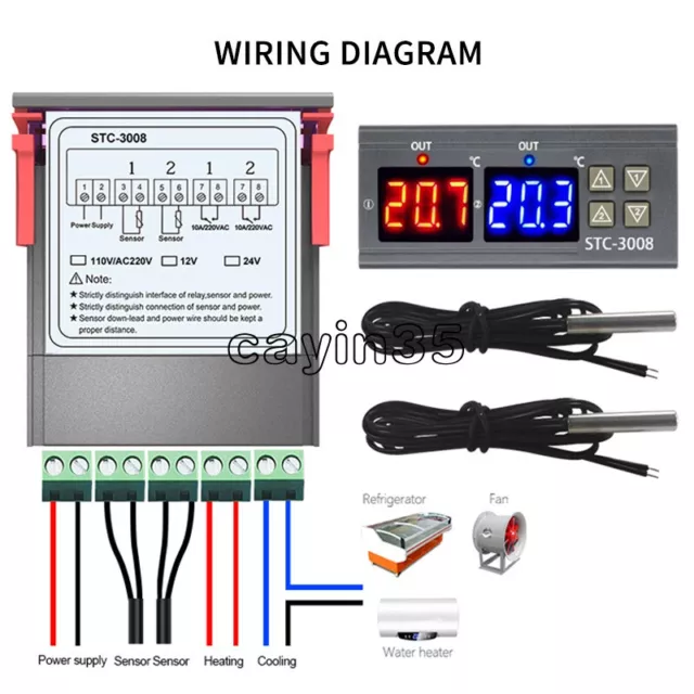 12V/24V 110-220V STC-3008 Dual LED Thermostat Temperature Controller with Probe