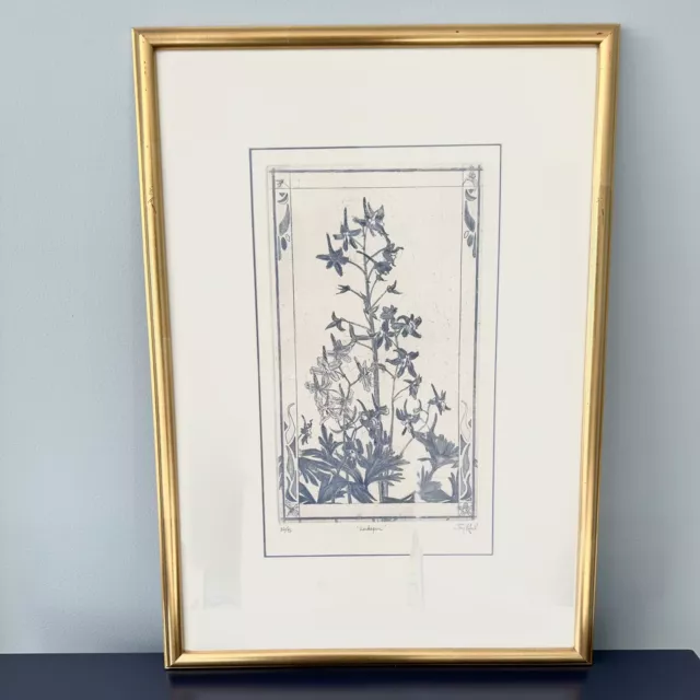 Jay Pfeil “Larkspur” Etching Engraving Painting Signed Matted Framed NC Artist