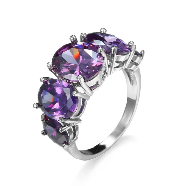 Women 925 Sterling Silver Rings Purple Cubic Zirconia Ring Fashion Retro Jewelry