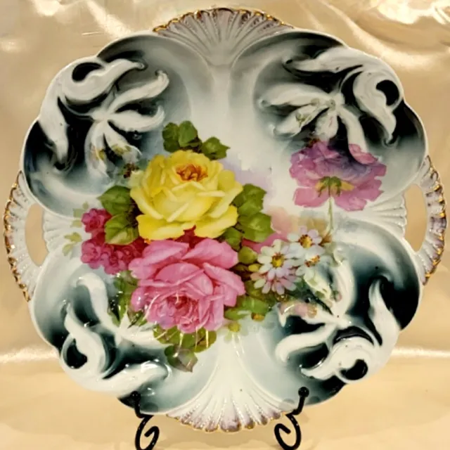 Antique German Porcelain 10.5" Plate Pink & Yellow Roses Gold