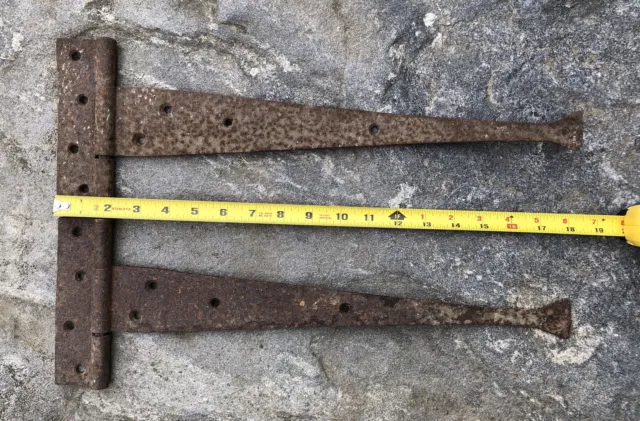 Antique Strap Hinges Pair Hand-Forged Iron 18" original 1900s Barn Gate Rare tip 3
