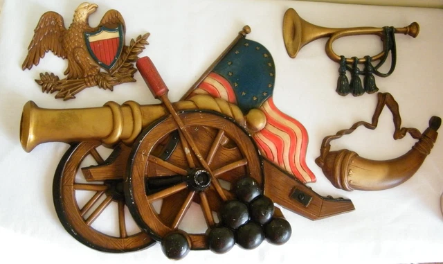 4 VINTAGE SEXTON Metal Wall Plaques ~ Cannon, Eagle, Bugle, & Gun