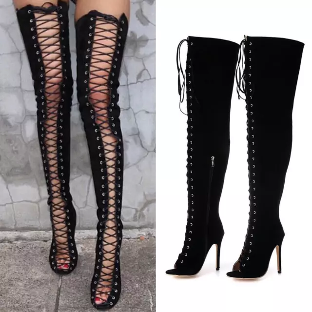 Women Sexy Thigh High Open Toe Stiletto Heel Gladiator Lace Up Over Knee Boots