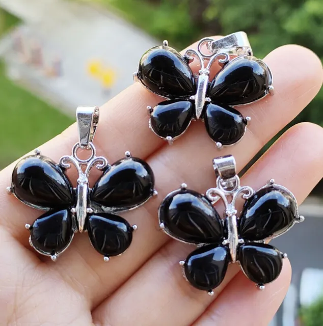 3pcs Obsidian stone Butterfly Pendants Chakra Reiki Healing Amulet