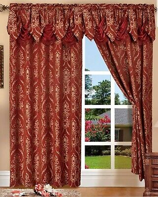 Window Panel Curtain Set Of 2 Penelopie Jacquard Look Burgundy Drape Scarf Decor