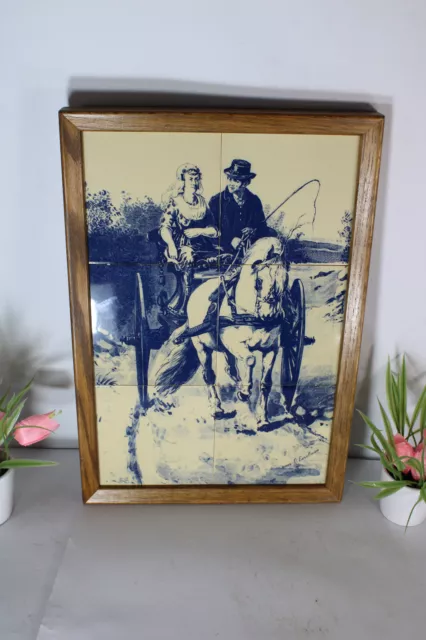 Vintage delft pottery blue white tiles panel