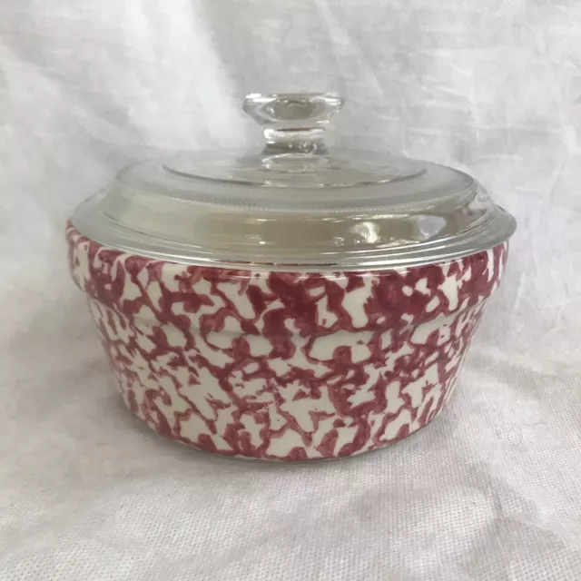 Vtg Henn Pottery 1 Qt Covered Casserole Dish Glass Lid Red Spongeware 6.5" x 3"