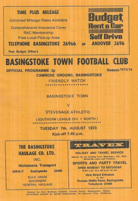 Basingstoke Town v Stevenage Athletic Friendly Programme 1973