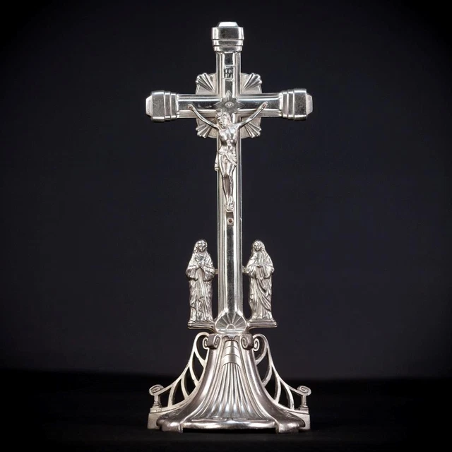 Altar Crucifix Jesus Virgin Mary St John Standing Cross Silvered Metal 16.1”
