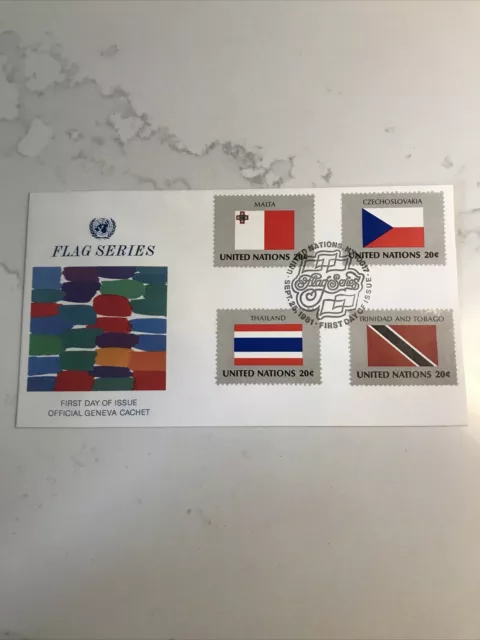 United Nations Geneva 1981 Fdc Un Flag Series Malta Czech Thailand Trinidad