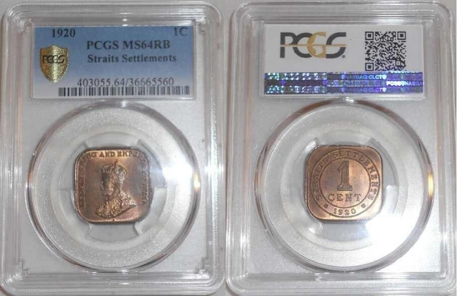 1920 Bronze Coin Cent Straits Settlement Malaya England George V PCGS MS 64 RB