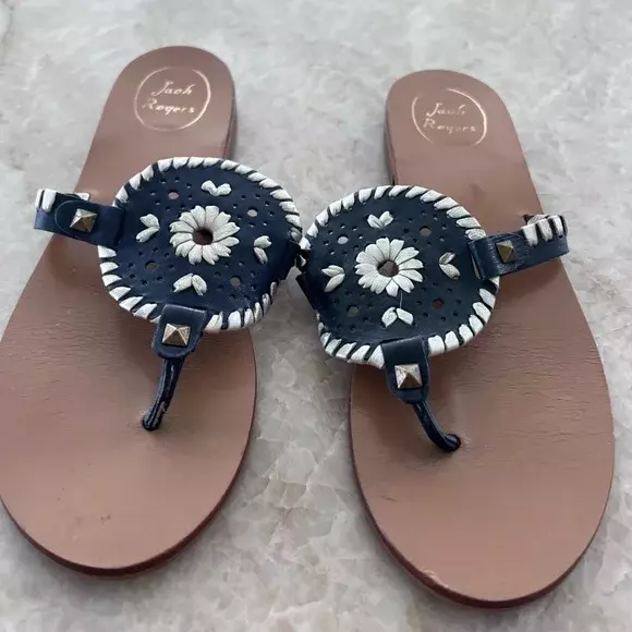 Jack Rogers Women's Georgica Thong Sandals Navy & Gold Leather Size 7.5M