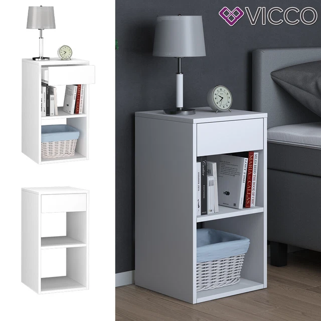 Table De Chevet Vicco Blanche - 3 Tiroirs, 66x38x35 Cm, MDF, Prête à Monter
