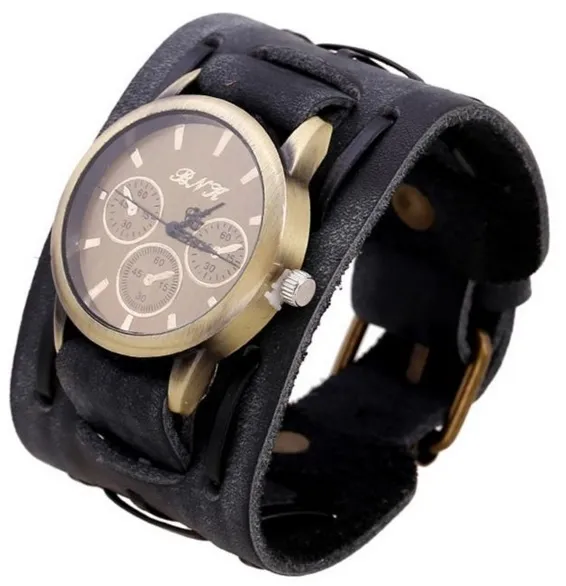 Genuine Leather Black Wristband Wrist Strap Watch Bracelet Mens Steampunk Buckle