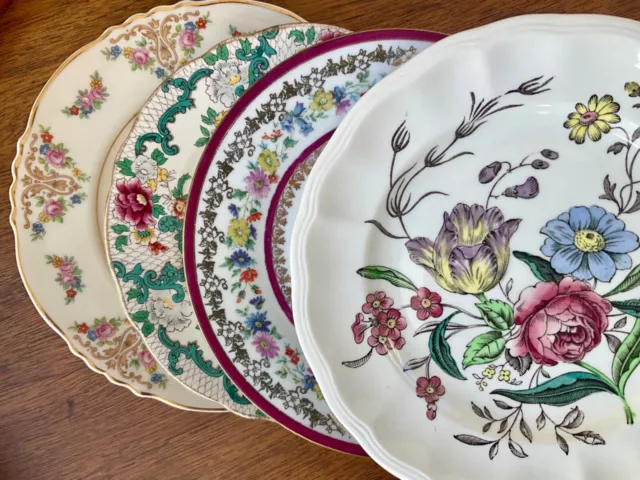 Vintage Mismatched China Bread, Cake, Dessert Plates ~ Set of 4 Colorful Florals