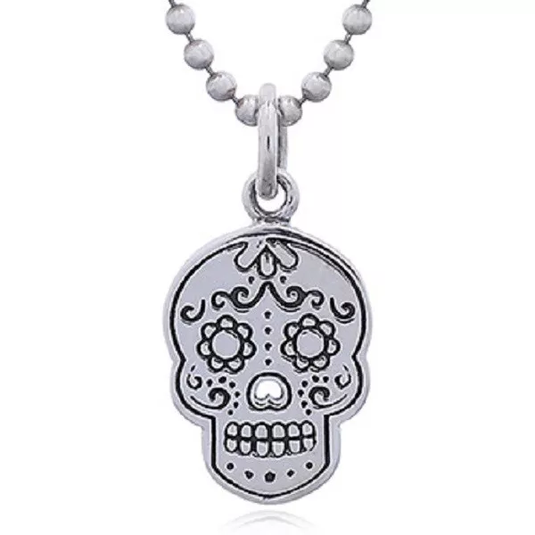 925 Sterling Silver Small Thin Pendant Sugar Skull with playful makeup on face