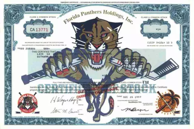 Florida Panthers Holdings 1997 Sunrise Florida Stanley Cup Charlotte Greenville