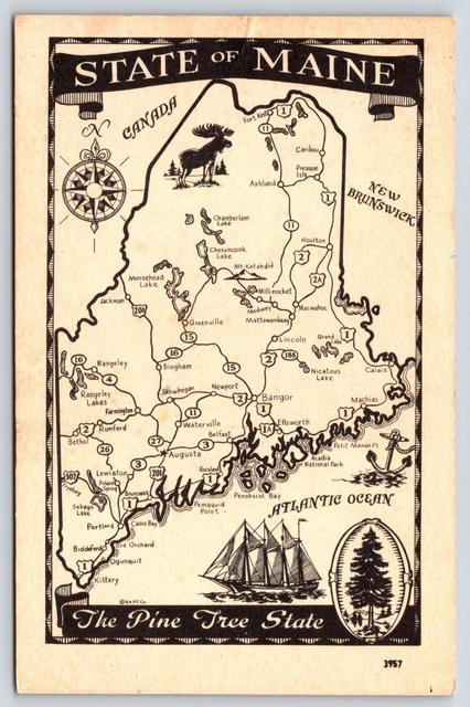 Maine Map Aerial View Vintage Postcard