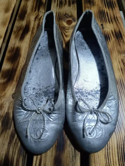 Chanel Ballet Flats Cap Toe Bow Metallic  Silver  EU 37.5