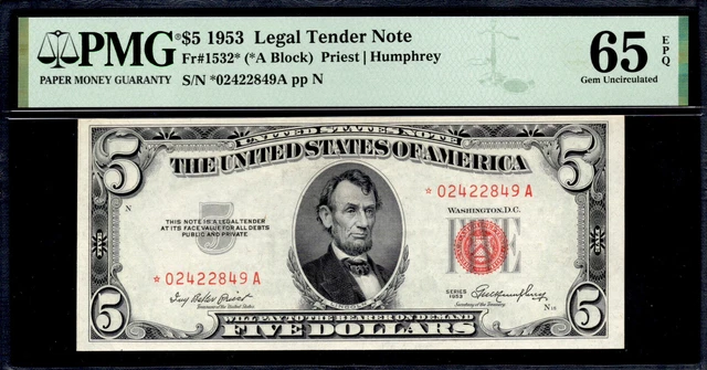 United States 1953 $5 Ltn. Fr#: 1532* (Star Note). Pcgs: 65 Epq. Key Date.