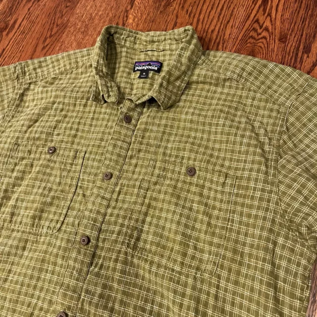Patagonia Short Sleeve Button Down Shirt Mens XL Green Plaid Hemp Organic Cotton