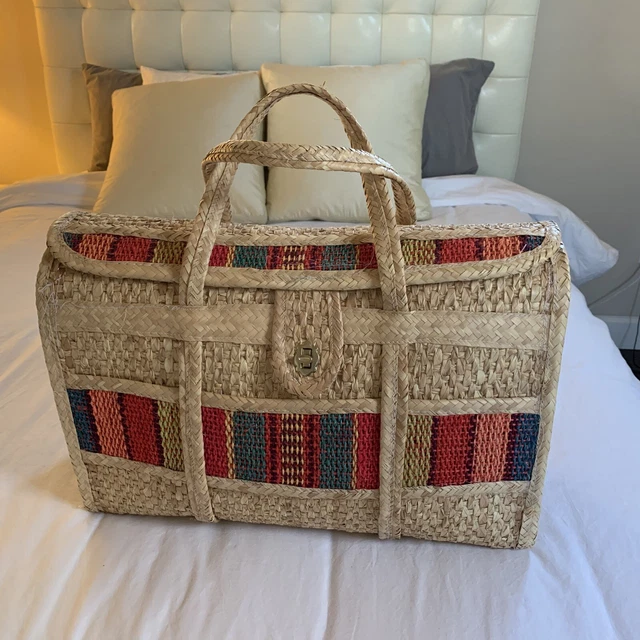 Woven Straw Wicker XL Beach Tote Market Bag Colorful Boho Hippie Vintage