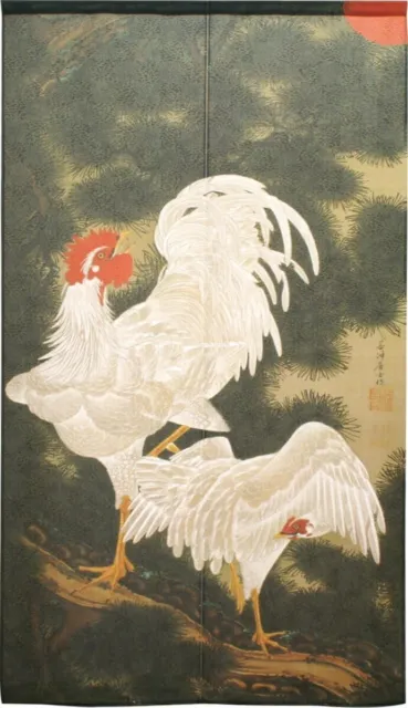 Noren Jakuchu Ito White Roosters Old Pine Tree 59.1×33.5" Tapestry Curtain