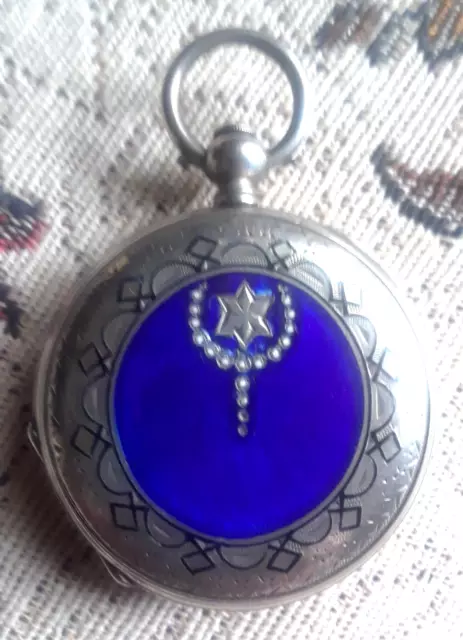 19th L Mathey Dual Cobalt Blue Guilloche Sterling Silver Full Hunter Pocketwatch