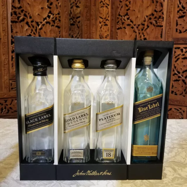 Johnnie Walker Collection Boxed 4 Empty Bottles Black Gold Platinum Blue Label