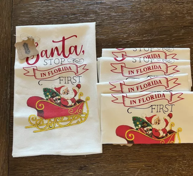 Mud Pie Christmas" Santa Stops First" Towels Set of 5  100% Cotton-Florida