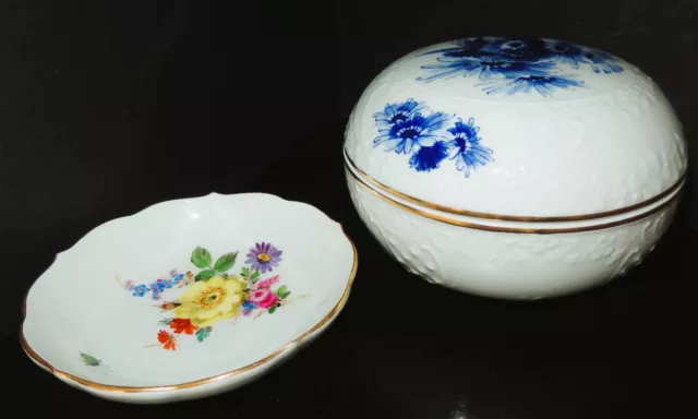 Meissen Deckeldose BLAUE BLUMEN D:13 H:9cm Goldrand+ kl.Schale D:11cm Käfer grün