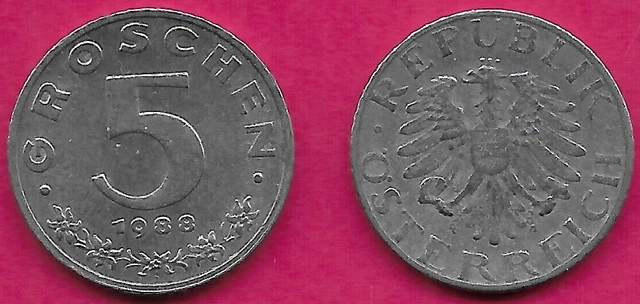 Austria 5 Groschen 1988 Vf Imperial Eagle With Austrian Shield On Breast,Ho