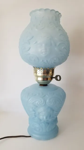 Vintage Frosted Blue Glass Cherub, Angel Face Parlor Table LAMP GWTW Working