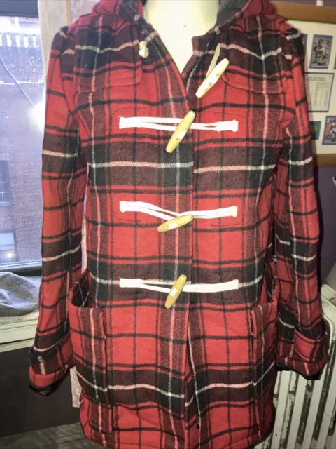 GAP Toggle Red Plaid wool blend Coat Size M Hooded Mid Length Coat