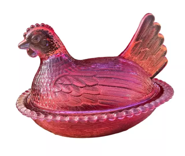 Hen on Nest Chicken **Pink** Covered Candy Dish Vintage Indiana Glass